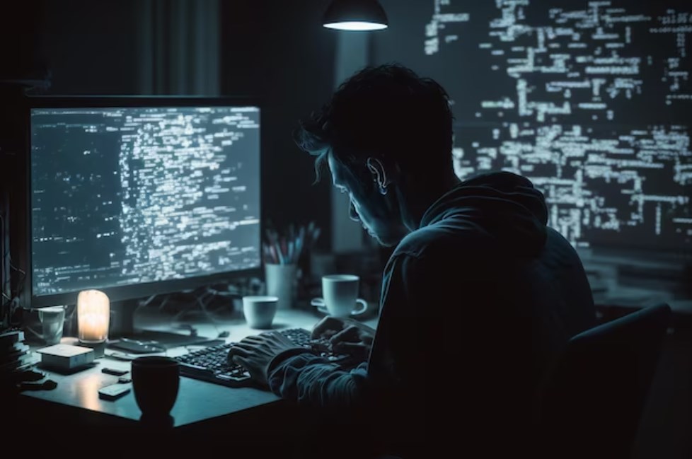 a focused guy typing something in front of a PC monitor in a dark room with white noise