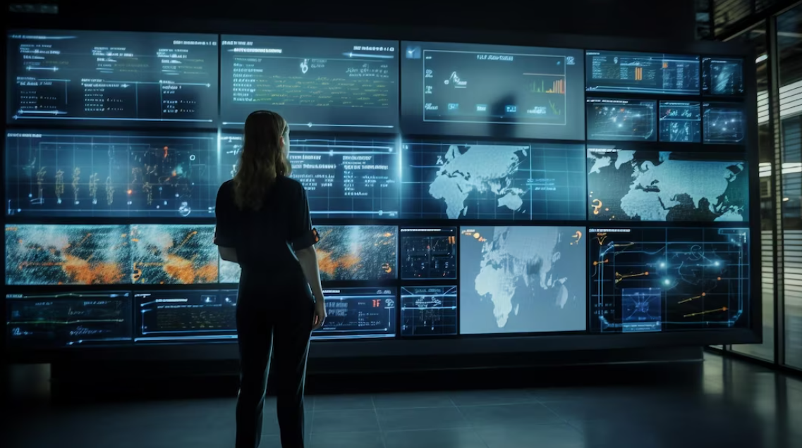 silhouette of woman standing near many screens  with map and data on it