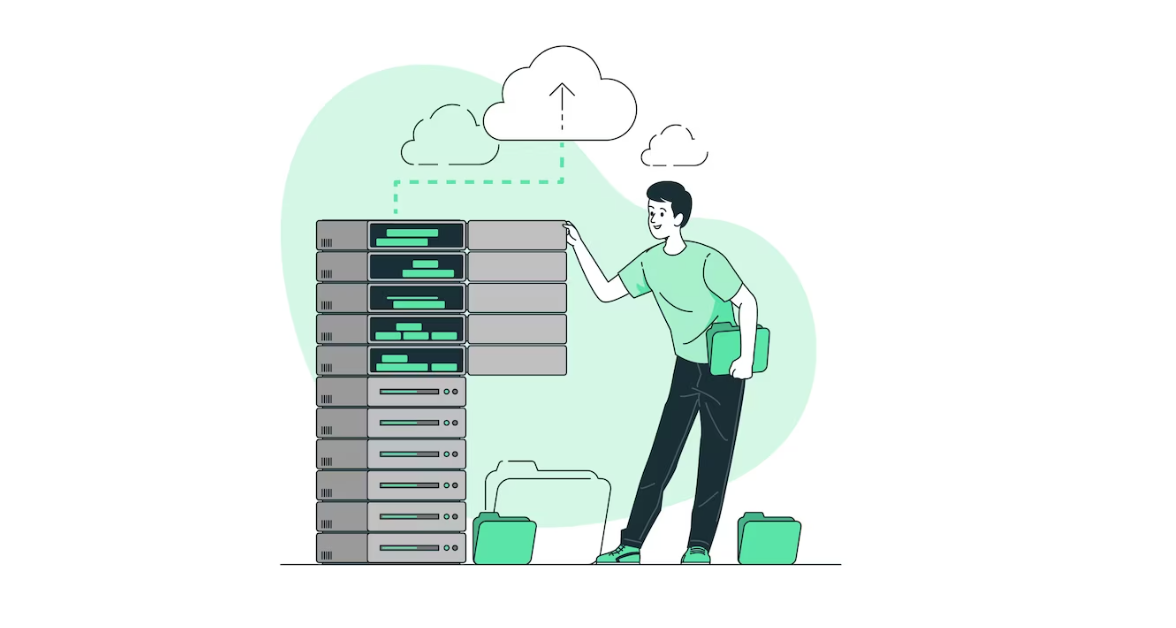 man standing with folder near the data storage and clouds above it