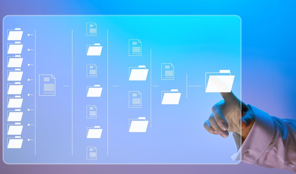 A hand taps on a graphical depiction of organized folders